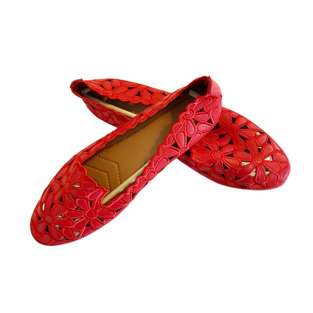 Stunning Bright Red Floral Flats - Perfect for Summer! - Picture 2 of 6